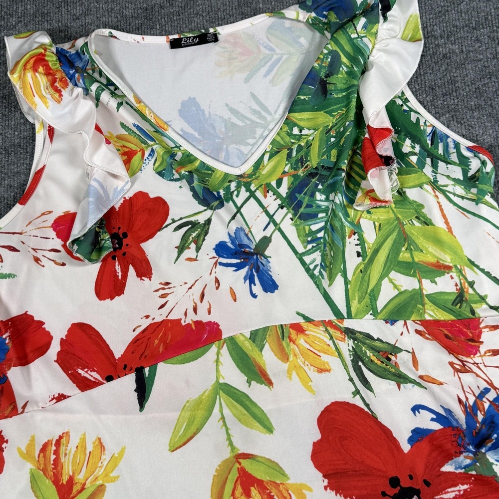 Lily Dress Womens Large White Floral Ruffle Sleeveless Colorful Fit Flare Summer